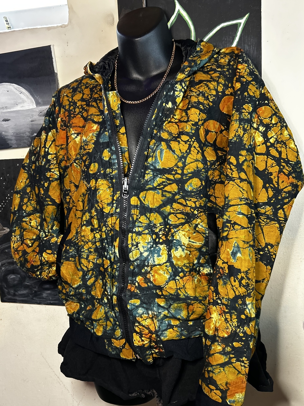 Vintage African Batik Hooded Jacket Mustard Abstract Print Full Zip Artwear